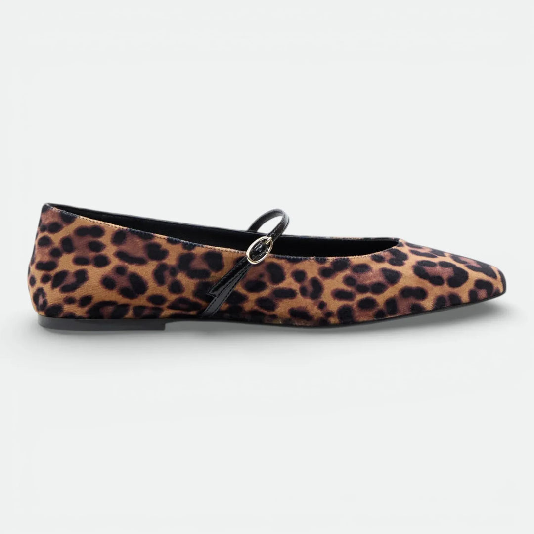 Leopard print Mary Jane flat shoe with black strap and gold buckle on white background