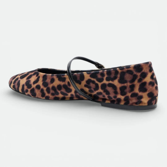 leopard print Mary Jane flat shoe with black strap on white background