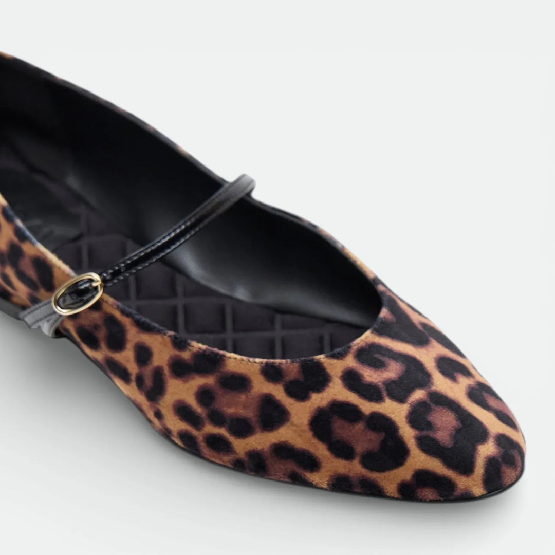 Leopard print Mary Jane flat shoe with black strap and quilted insole