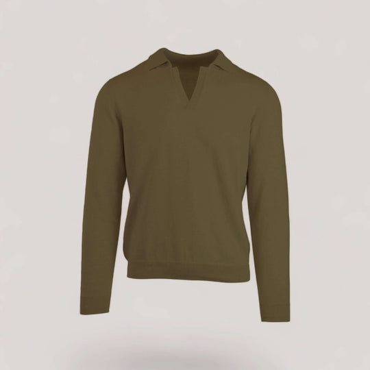 NEIL | Egyptian Cotton Long Sleeve Open Polo | COLOR: CACCIA |3D Knitted by ALLTRUEIST