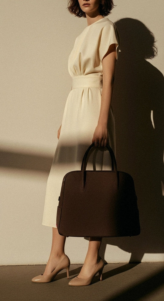 Woman holding Nua | Maxi Tote Bag | Brown Suede, a vegan handbag by ALEXANDRA K., available at ALLTRUEIST.