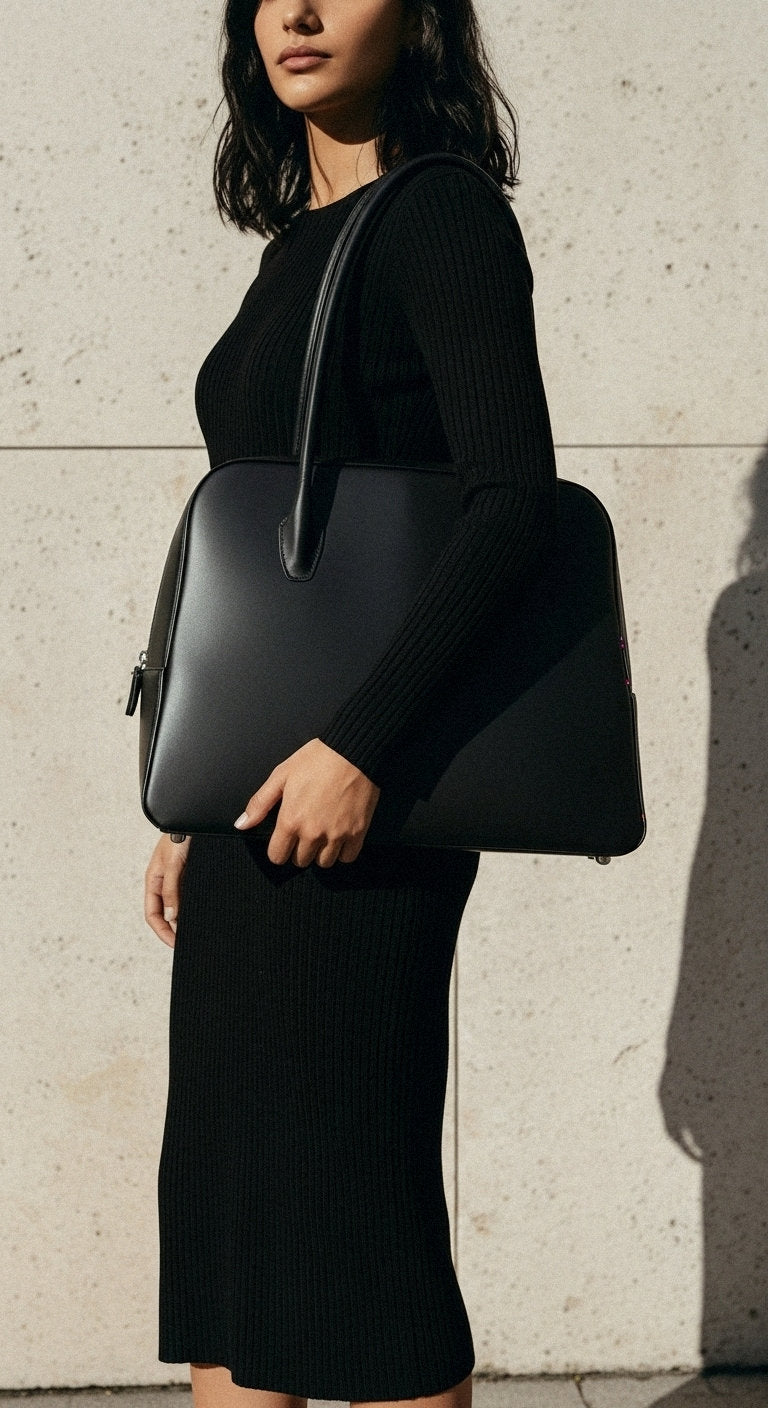 Woman carrying Nua | Maxi Tote Bag | Black by Alexandra K, a vegan handbag available at ALLTRUEIST, featuring elegant and functional design.