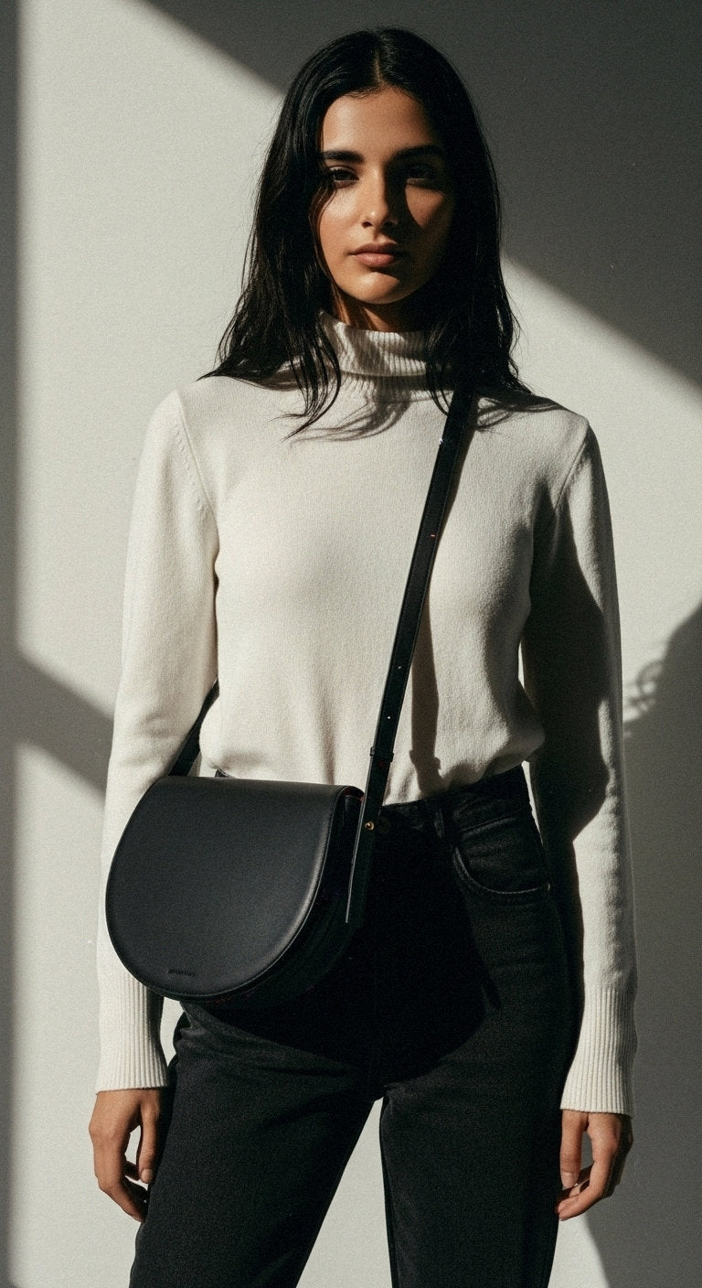 Model wearing Sofi | Midi Crossbody Bag | Black by ALEXANDRA K. VEGAN HANDBAGS from ALLTRUEIST, featuring a sleek half-moon design.