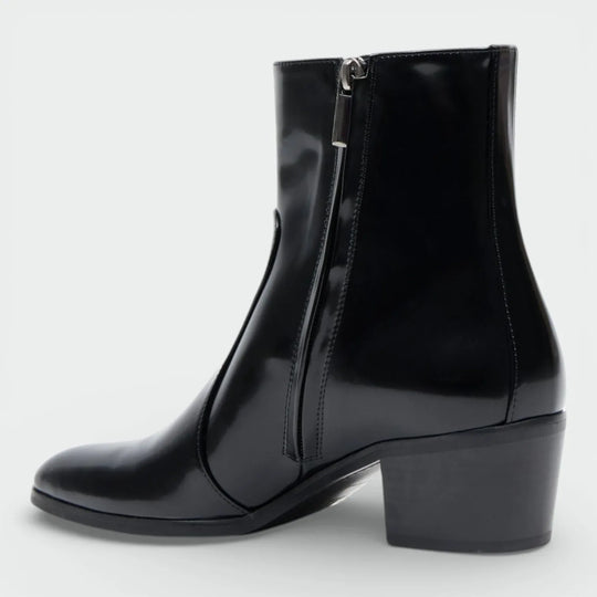 Black leather ankle boot with side zipper and block heel, fashion footwear on white background