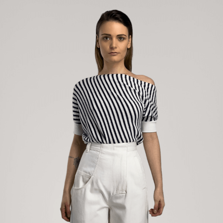 Off-The-Shoulder Striped Short Sleeve Light Knit | Dark Navy | Women's Clothing | ALLTRUEIST By Maryna | ALLTRUEIST