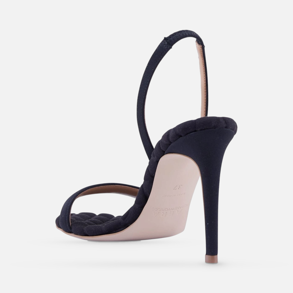 AERA VIVIEN black satin slingback sandal, rear three-quarter view showing the heel and sole.
