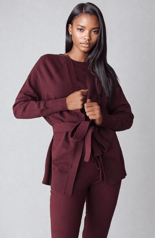 CALLIE | Belted Robe Cardigan | COLOR: BORDEAUX, IVORY, PEACH, CEMENT, LIGHT BLUE, MAGENTA, PEACOCK, CRIMSON, LIGHT HEATHER GREY, CHARCOAL, SLATE GREY, BROWN, LODEN, NAVY, BLACK, WHITE |3D Knitted by ALLTRUEIST
