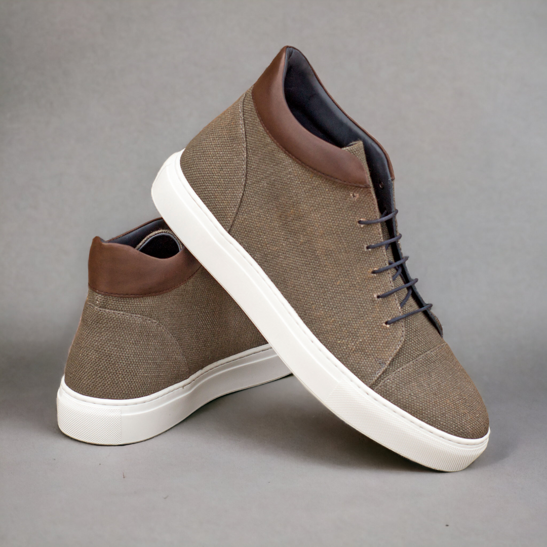 ZENITH | High Top Sneaker - Grey Linen & Dark Brown | Men's