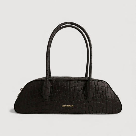 Luna | Midi Shoulder Bag | Mokka Brown by ALEXANDRA K. VEGAN HANDBAGS, croco-embossed vegan leather, sold at ALLTRUEIST, trapeze silhouette