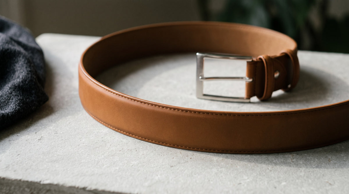 Ceinture couleur cognac courbée sur une surface en pierre, montrant son bord fini et sa boucle rectangulaire.