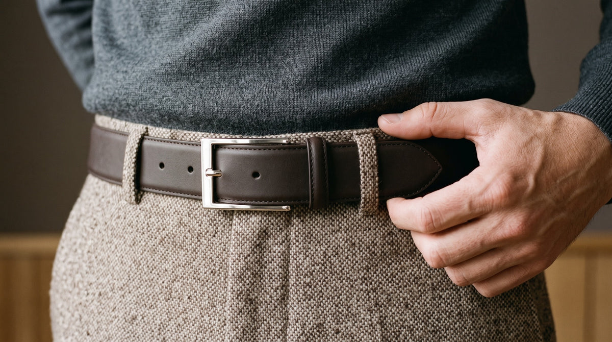 Ceinture marron à boucle rectangulaire argentée, portée avec un pantalon de tailleur texturé.
