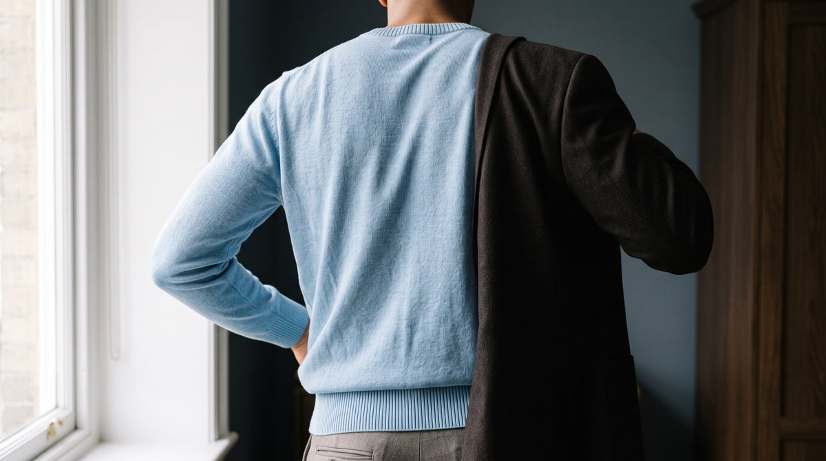 Hombre poniéndose una chaqueta oscura sobre un jersey de punto azul claro.