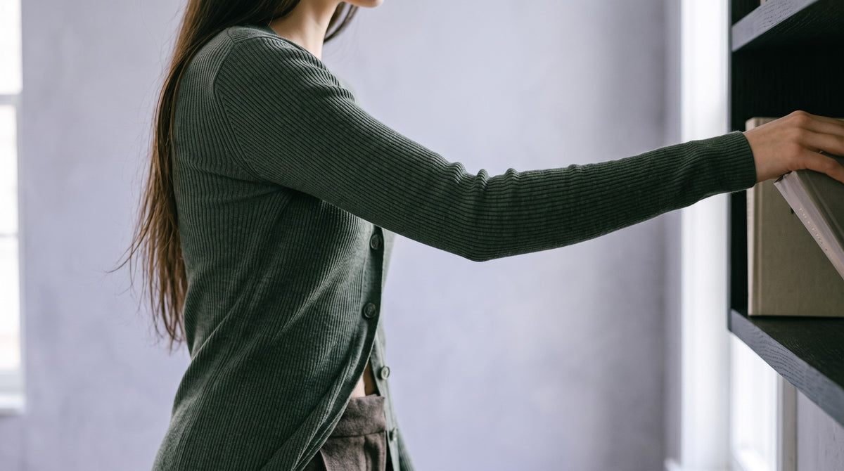 Mujer extendiendo el brazo hacia una estantería con un jersey verde de punto fino.