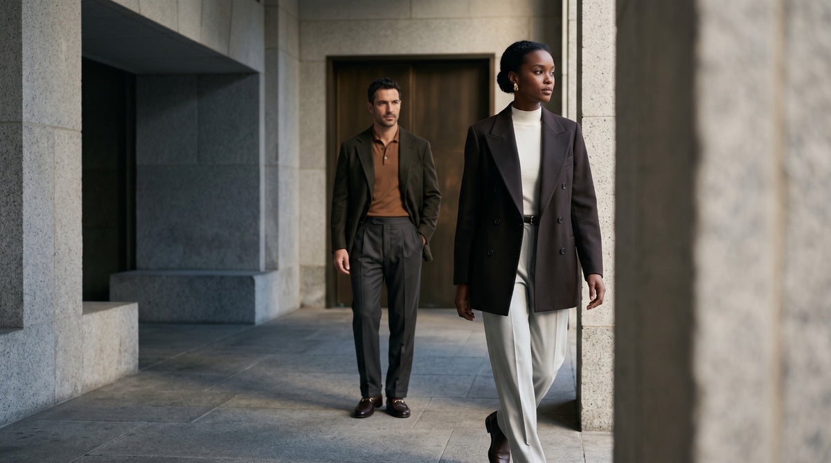 Two people in tailored clothing in a contemporary architectural passage