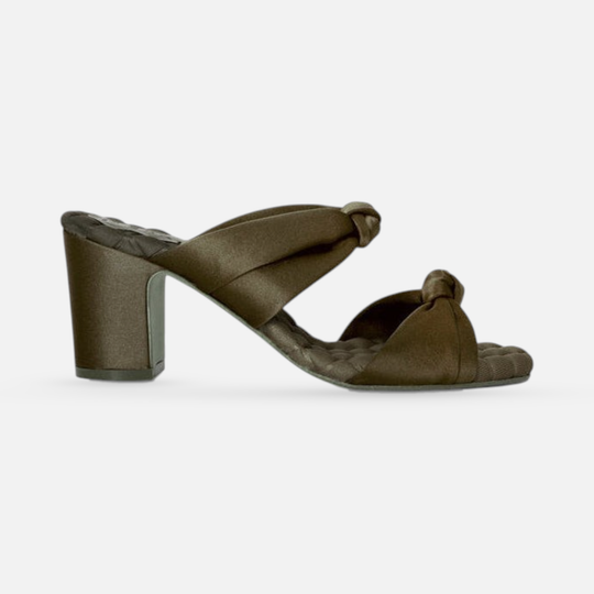 AERA ALESSIA military green satin block heel mule, side view.