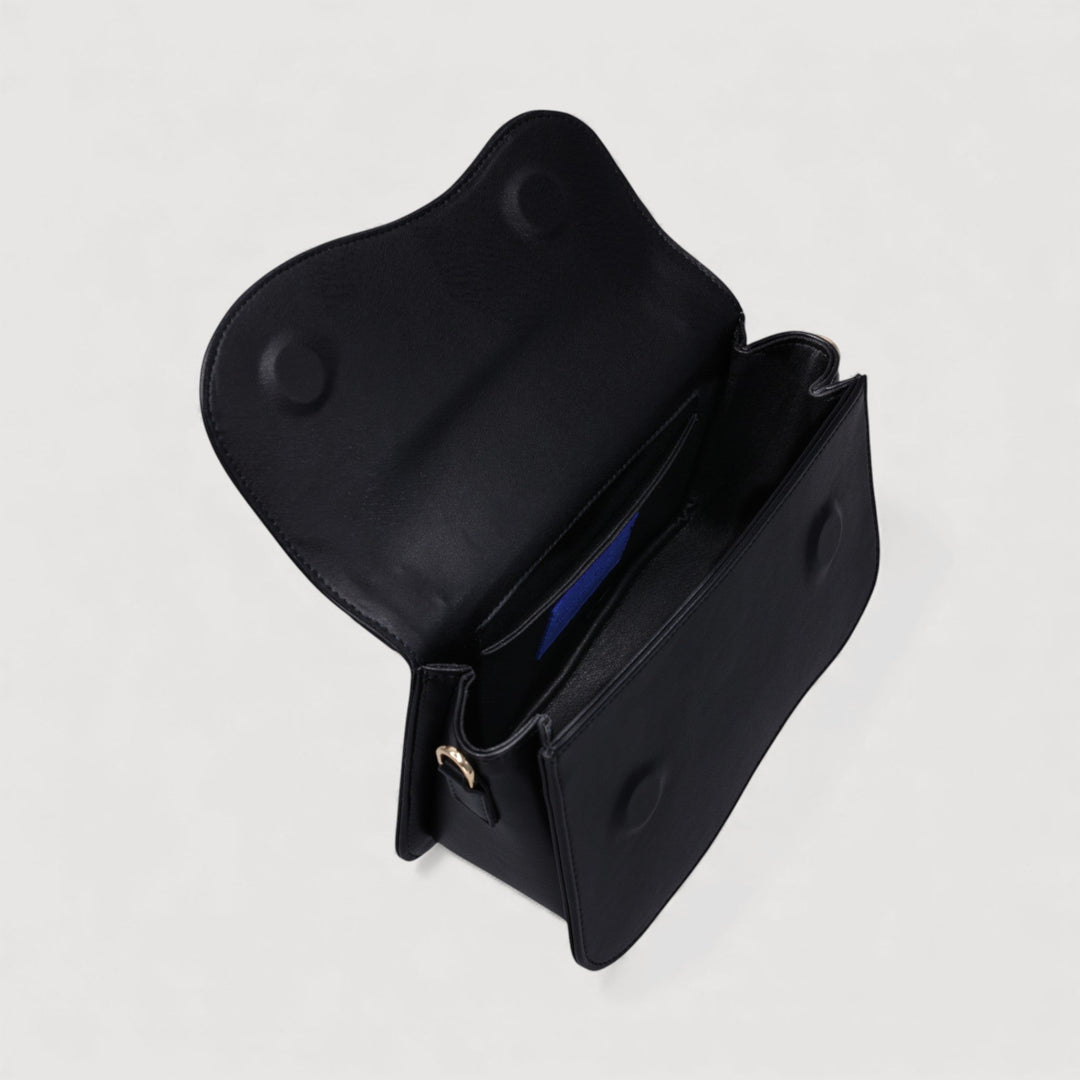 Open Nami | Mini Crossbody Bag | Black showcasing interior, featuring ALEXANDRA K. VEGAN HANDBAGS design sold by ALLTRUEIST.