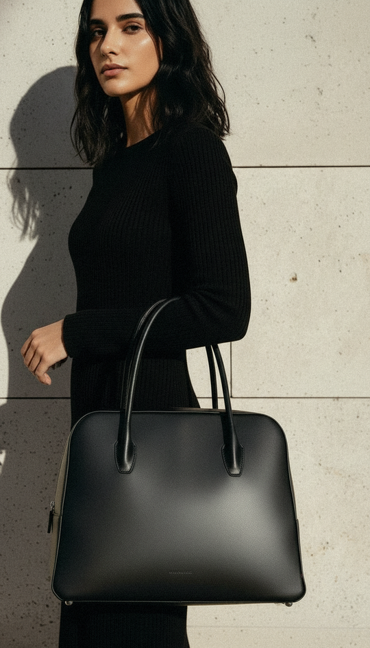 Woman carrying Nua | Maxi Tote Bag | Black by Alexandra K, vegan handbags from Alltrueist, crafted from corn leather.