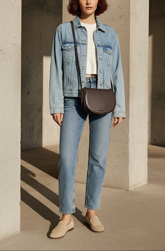 Woman wearing denim outfit with Sofi | Mini Crossbody Bag | Espresso Brown by ALEXANDRA K. VEGAN HANDBAGS from ALLTRUEIST