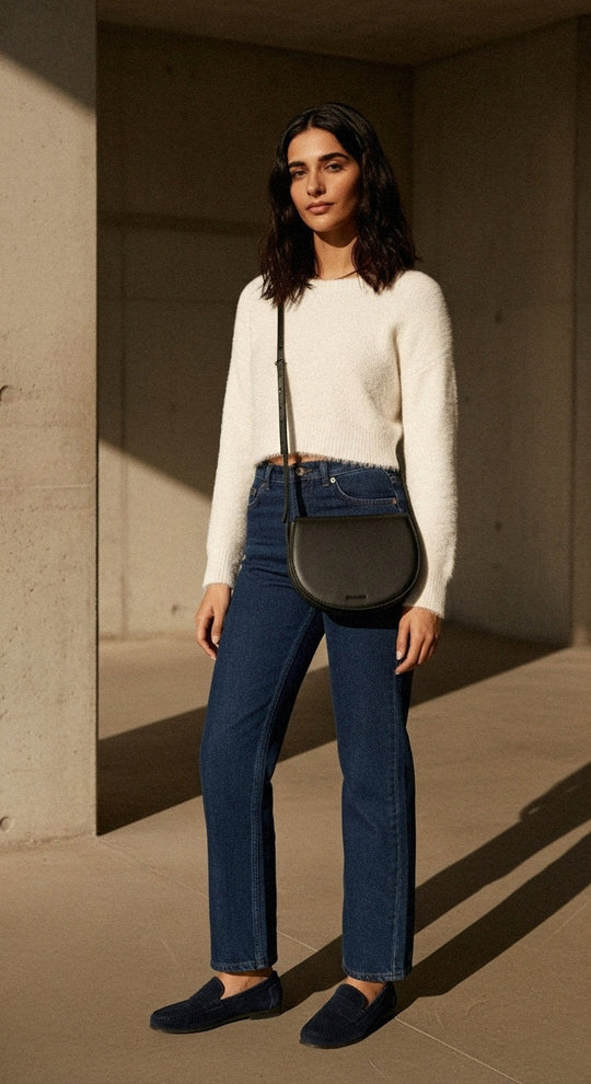 Woman wearing Sofi | Mini Crossbody Bag | Black from ALEXANDRA K. VEGAN HANDBAGS, styled by ALLTRUEIST.